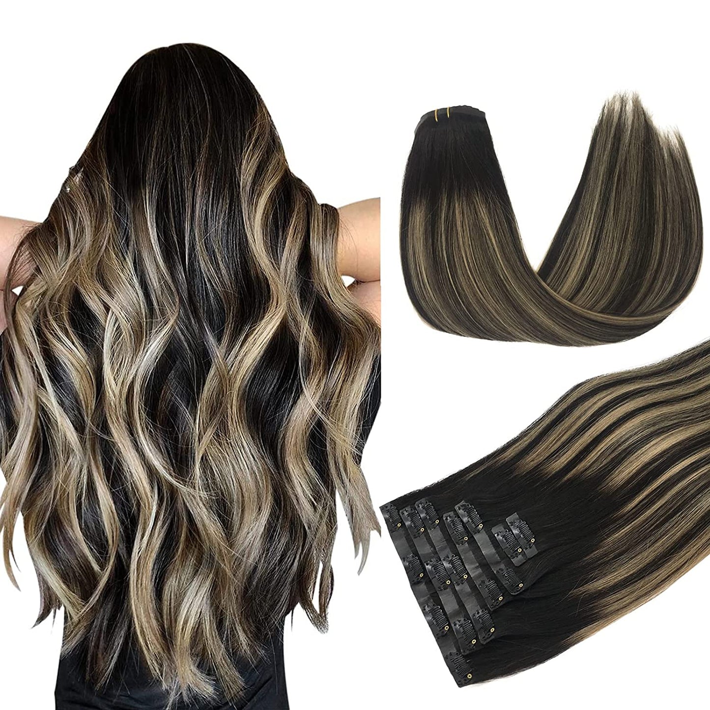 PU Clip-In Hair Extensions #(T1B-19)P1B