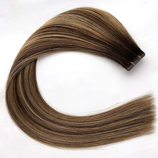 Genius Weft Hair Extensions #4/27 Chestnut Brown and Bronzed Blonde Highlights